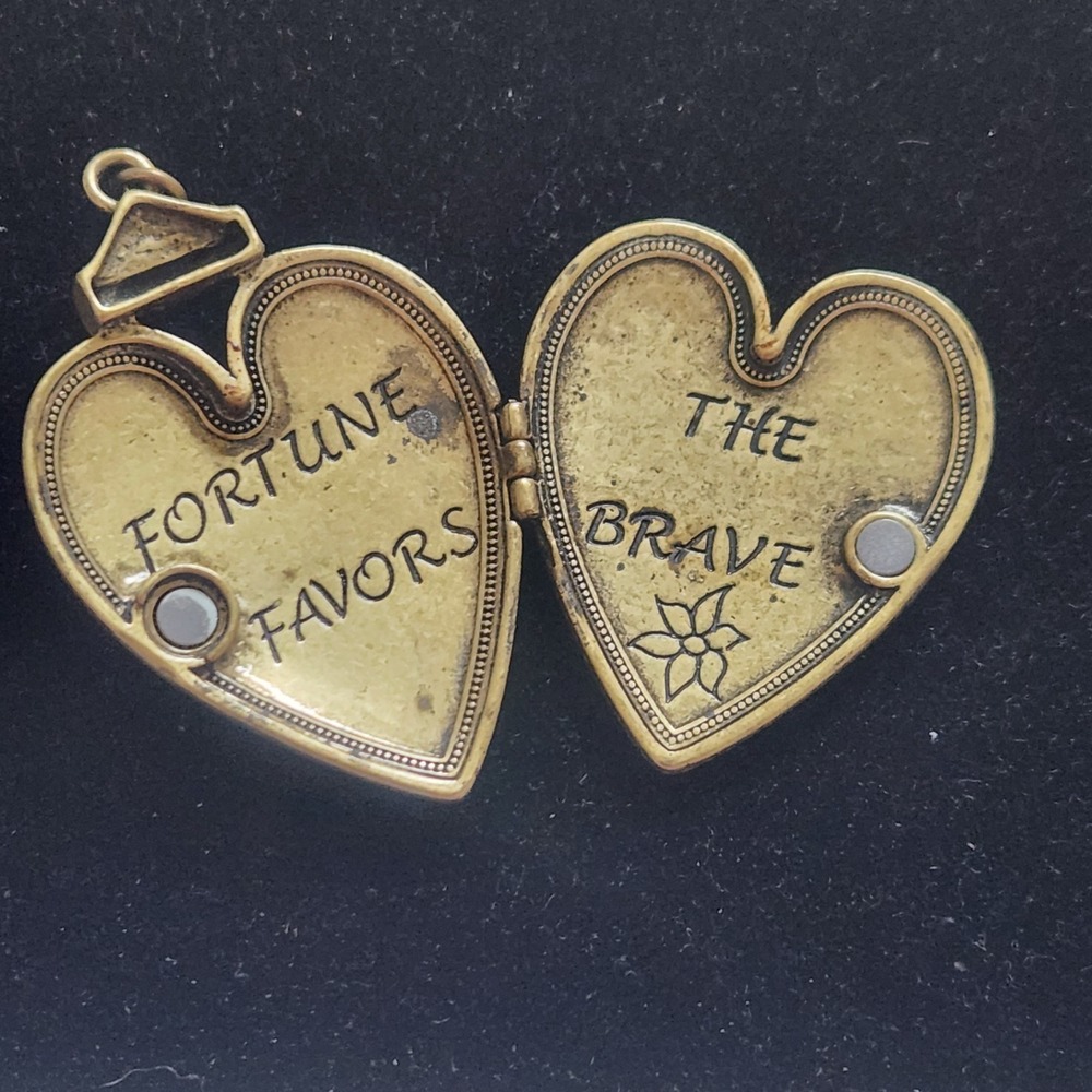 Gold Heart Locket Necklace Pendant - 'Fortune Favors the Brave' - Picture 4 of 9